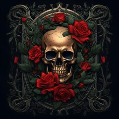 Skull with flower in an ornate frame with leaves