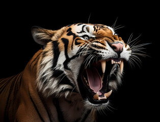 Portrait eines zähnefletschenden, fauchenden Tigers vor schwarzem Hintergrund, erstellt mit generativer KI