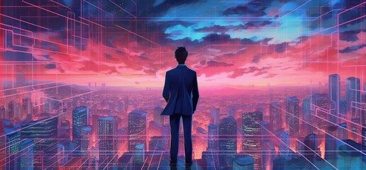 a businessman engaging with a holographic artificial intelligence interface, with a cityscape backdrop