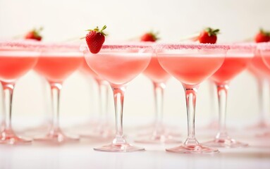 Frozen strawberry margarita cocktails on white background. Front view. Classic drink menu concept.