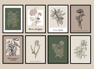 Abstract flower posters set. Trendy botanical wall arts with wild floral plants, leaves in doodle style. Modern naive groovy funky interior decorations, paintings. Colorful flat vector illustrations