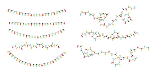 Festive Christmas light colorful garlands PNG. Decor element for postcards, invitations, backgrounds white , business cards. Winter new collection 2024.	
