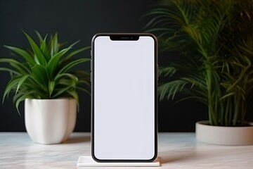 Smartphone mockup with blank screen and succulent plant on wooden table.Generative Ai