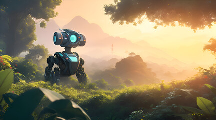 A futuristic robot embarks on an epic adventure, exploring the beautiful urban landscape of a city from tomorrow. Generative AI