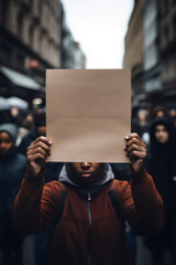 poc man holding blank cardboard sign covering face in protest crowd on the street
