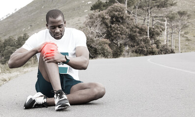 Knee pain, black man with fitness injury, health and wellness with red overlay, medical emergency and inflammation. Mockup space, marathon race outdoor and muscle tension with glow and fibromyalgia