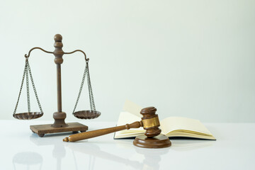 Scales of justice and judge's perch, law concept