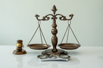 Handcuffs and dollars, scales of justice and judge's hammer on table, legal concept