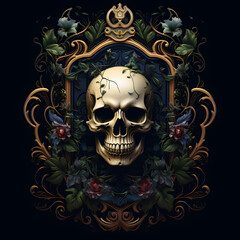 Skull with flower in an ornate frame with leaves