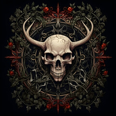 Fototapeta premium Skull with flower in an ornate frame with leaves