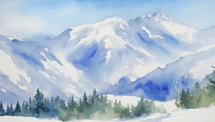 Watercolor Landscape Painting Featuring Snow-Capped Mountains