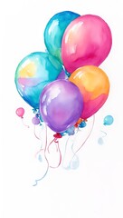 Watercolor Painting of Colorful Balloons Floating in the Air Against a White Background