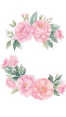 Watercolor Painting of a Wreath Made from Pink Flowers on a White Background