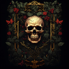 Skull with flower in an ornate frame with leaves