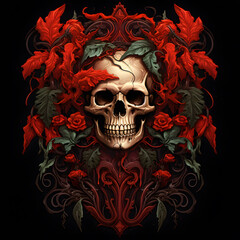 Skull with flower in an ornate frame with leaves