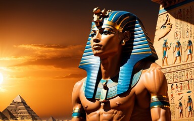 Ancient Egyptian hieroglyphs, pyramids, mysterious signs, Pharaoh, golden figures - obrazy, fototapety, plakaty