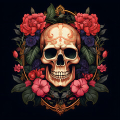 Skull with flower in an ornate frame with leaves tattoo design dark art illustration isolated on black