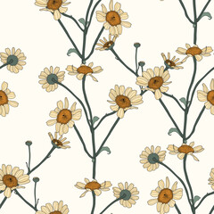 Cotton fabric Camomile daisy flowers seamless pattern illustration. Floral seamless pattern simple colored flowers background. For textile, wallpaper, wrapping paper, print, greeting.