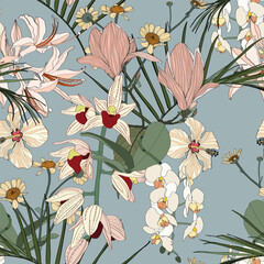 Cotton fabric Vintage colors seamless tropical pattern with colorful garden flowers and orchids, magnolia on blue background. Seamless exotic pattern with tropical plants. Exotic wallpaper.