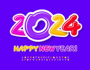 Vector funny Greeting Card Happy New Year 2024! Bright handwritten Font. Glossy coloful Alphabet Letters and Numbers set. 