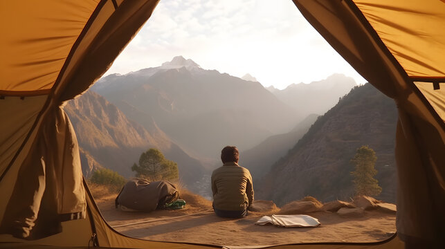 view from tent Young man in his camper observing a good vibe