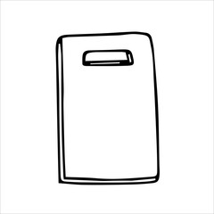 Kitchen cutting board. Vector black-and-white hand-drawn illustration. Isolated object. Icon, sketch, template, clipart, logo.