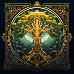 Yggdrasil Norse Mythology in an ornate frame with leaves