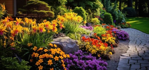 Fototapeta premium A beautiful garden and the colorful flowers, in the style of dark yellow and light emerald