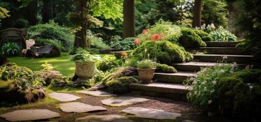 A small garden scene with lawn, trees, and steps