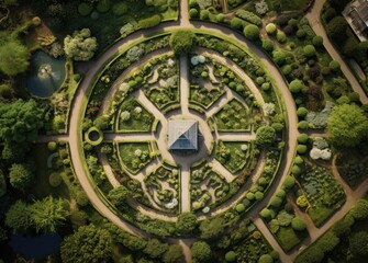 Aerial drone view from the top of a garden path