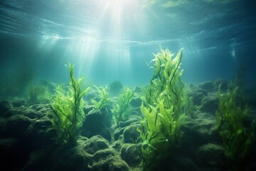 Kelp growling in the ocean under the sunlight or on the surface of the water - obrazy, fototapety, plakaty
