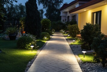Fototapeta premium A lawn with garden lighting illuminating a walkway