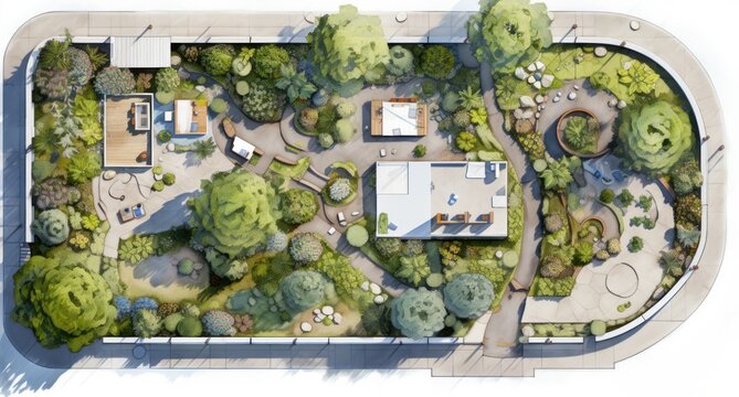 2d model of a garden paved with a lot of plants and garden in front