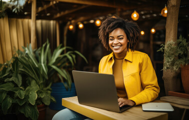 young female entrepreneur with laptop and smiling stock photo