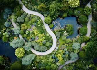 Aerial drone view from the top of a garden path