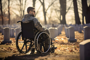 Day of Remembrance An American War Veteran, Seated in a Wheelchair, Paying Tribute at a cemetery