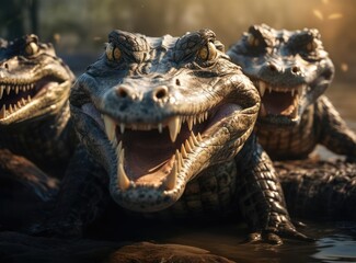 A group of crocodiles looking at the camera