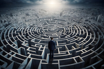 A Man Confronts a Surreal Maze, Symbolizing the Challenge of Complex Problems and the Strategy Required for Success in Overcoming Life's Obstacles