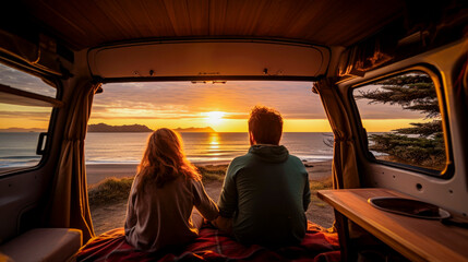 couple enjoying the sunset inside their camper van close to beach - vanlife concept