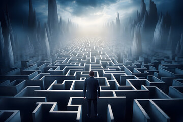 A Man Confronts a Surreal Maze, Symbolizing the Challenge of Complex Problems and the Strategy Required for Success in Overcoming Life's Obstacles