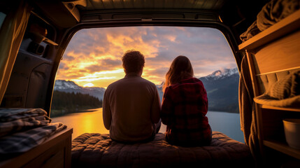 couple enjoying the sunset inside their camper van in a mountainous landscape - vanlife concept
