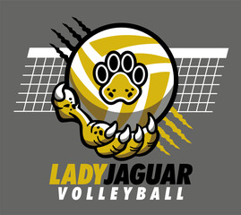 lady jaguar volleyball design with claw holding ball and net for school, college or league sports © EarlFergusonClipart