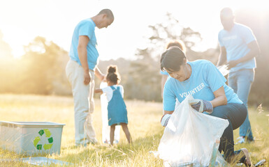 Nature recycling, community volunteer and people cleaning garbage pollution, waste and team environment care. Teamwork, NGO support and eco group helping with park clean up, outreach project or trash