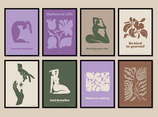 Bohemian collection of woman portrait, yoga poses and botanical illustrations for wall art gallery