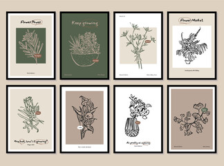 Abstract flower posters set. Trendy botanical wall arts with wild floral plants, leaves in doodle style. Modern naive groovy funky interior decorations, paintings. Colorful flat vector illustrations
