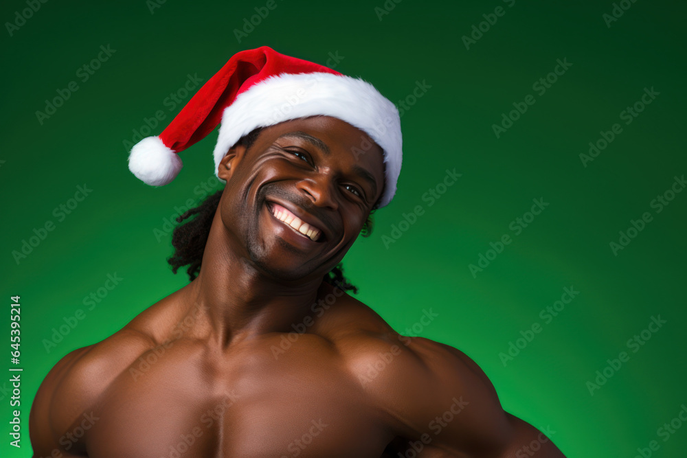 Sticker dark-skinned muscular man in a Santa Claus hat on a green background.