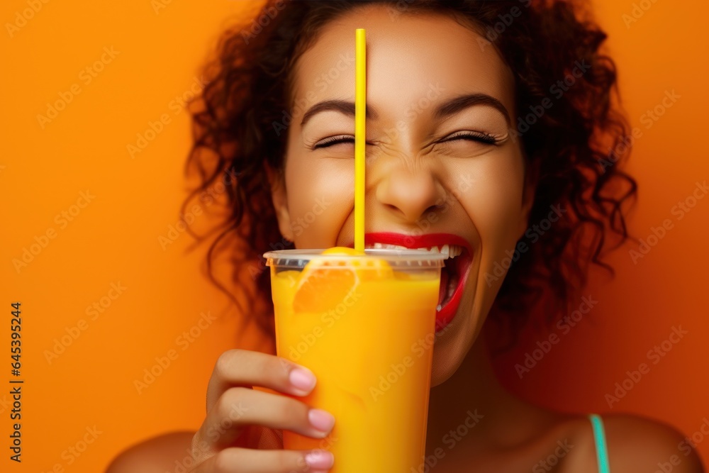 Poster laughing girl with a stack of orange juice with a straw.