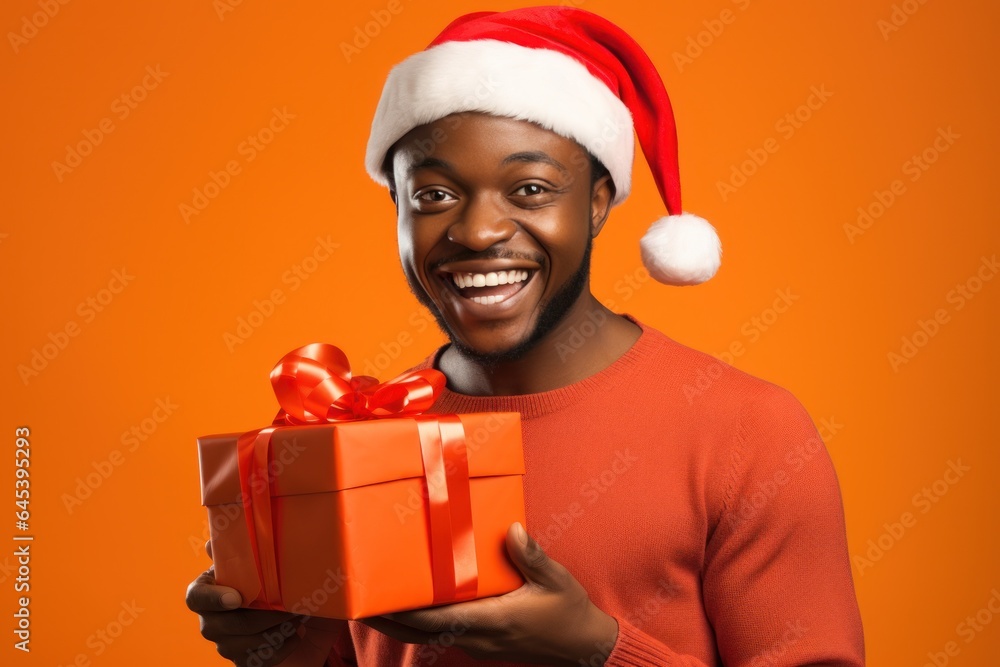 Poster dark-skinned smiling man with a box with a bow and a santa claus hat on an orange background.