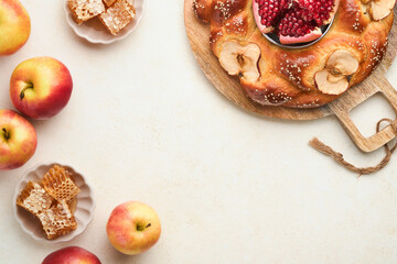 Jewish Holidays - Rosh Hashanah or Rosh Hashana. Pomegranate, apples, honey and round challah on...