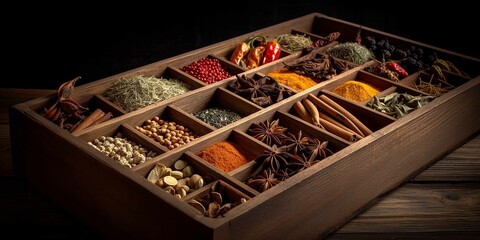 Variety of most most popular spices in a wooden box